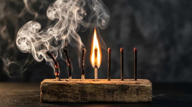 A striking visual interpretation of burnt matches row burnout, showing a line of wooden matches progressing from fully consumed to a vibrant flame and untouched heads