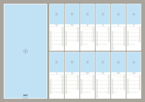 Creative wall calendar template for year 2027 featuring minimal monthly grid design with customizable photo placeholders and neat typography for planning events.