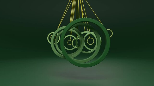 Green ring tunnel pendulum 3D animation gold strings seamless loop