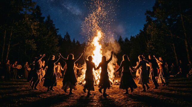 People dancing in a circle around a large bonfire at night
