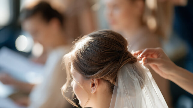 Faceless hairstylist pinning a veil onto a bride in a sunlit bridal suite while bridesmaids review the ceremony timeline, morning wedding preparation concept, with copy space