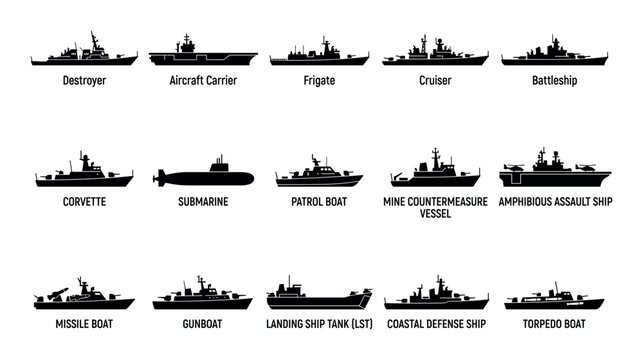 Naval warships vector icons with destroyer, aircraft carrier and submarine for web design in silhouette style