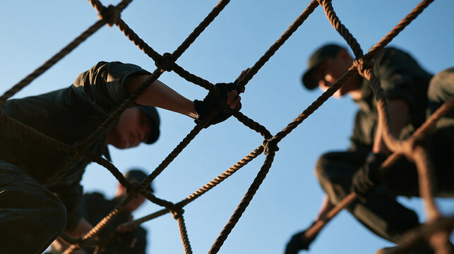Faceless military trainees climbing a net during an obstacle course, teamwork and physical endurance concept, with copy space