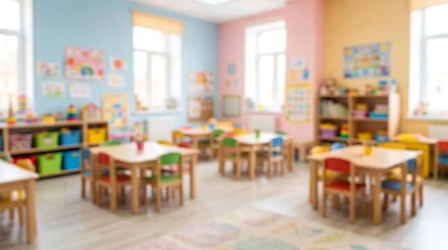 Bright and colorful empty preschool classroom with wooden tables and small chairs for young children in a nursery school