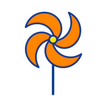 Playful orange toy pinwheel with blue outline and yellow center on stick for children game and backyard fun graphics.