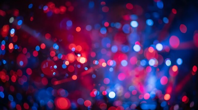 Abstract background with bright red and blue glowing circles of light creating a colorful festive bokeh effect pattern