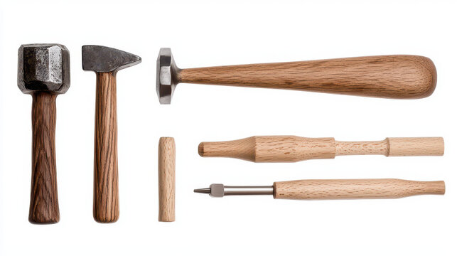 Wooden and metal tools arranged neatly, showcasing craftsmanship and design. Tools include hammers, chisels, and punch, ideal for woodworking