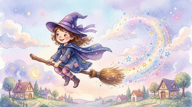 Cute witch girl flying on a broomstick with magic stars and rainbow