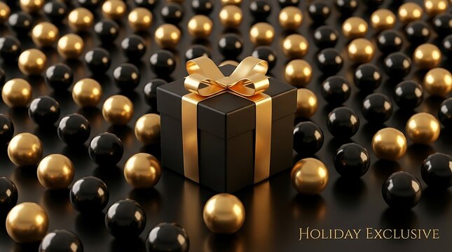 Black gift box with a shiny gold ribbon standing among many small black and gold spheres on a dark reflective surface