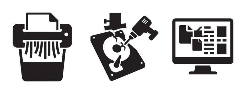 Data Destruction Icons: Paper Shredder, Damaged Hard Drive with Drill, Computer Screen with Files. Set for Digital Security and Information Erasure.