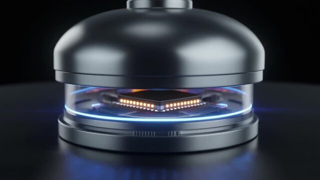 Quantum chip glowing under a lid