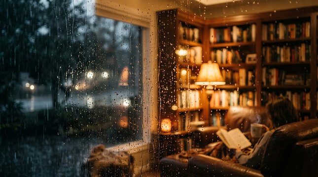 Cozy home library interior with warm lamp light and bookshelves at night with a comfortable reading armchair nearby