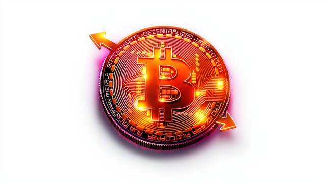 Glowing Bitcoin symbol with arrows indicating upward movement, representing cryptocurrency growth and investment opportunities