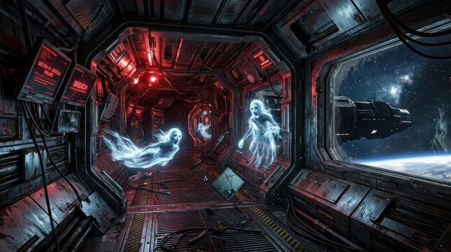 Haunted spaceship corridor with glowing spectral entities floating