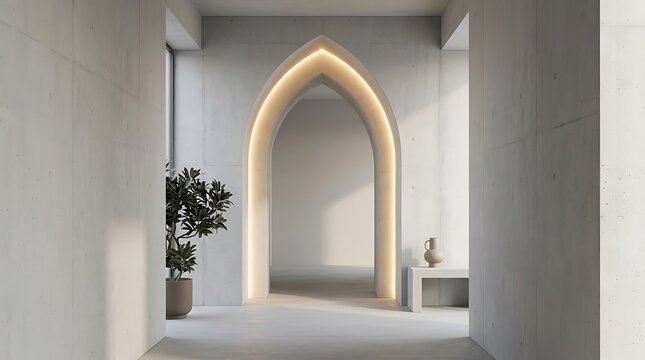 Modern interior hallway with a tall gothic arch doorway and soft warm lighting in a minimalist concrete building room