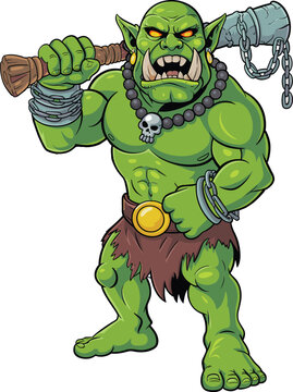 Fierce Green Orc Warrior Cartoon Character Holding Heavy Hammer with Tribal Armor and Skull Necklace