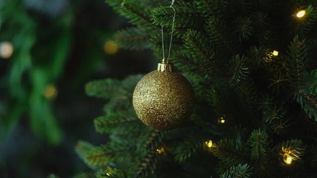 Woman decorating Christmas tree with golden Christmas ball.