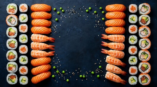 Fresh sushi rolls and nigiri set arranged on a dark black stone background with space for text in the middle
