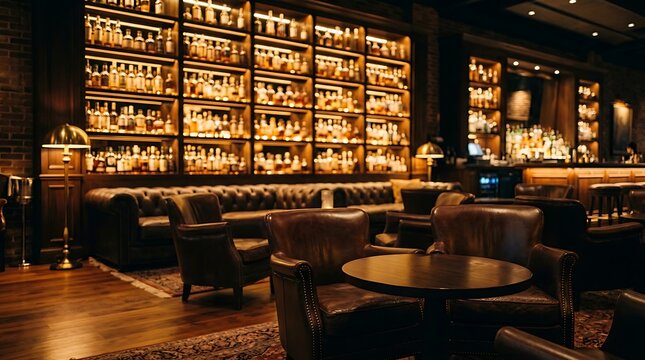 Modern luxury bar interior with illuminated shelves full of liquor bottles and comfortable dark leather lounge seating