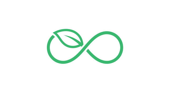 Green infinity symbol incorporating a natural leaf illustrating environmental sustainability concepts for modern designs