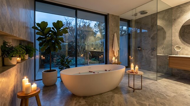 Modern luxury bathroom with a stone bathtub and large window view in a stylish home interior at evening time