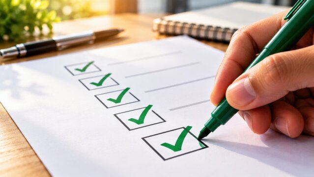 Professional employee marking survey with green pen indicating successful completion and approval.