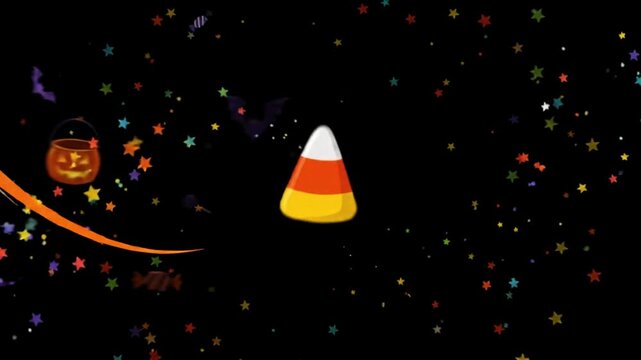 Halloween party icons featuring pumpkins bats and candy corn exploding on a black background with colorful explosion festive festive holiday animation