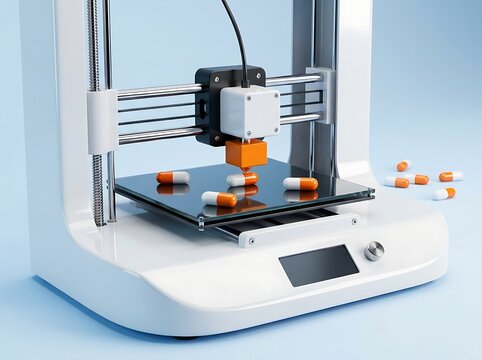 Modern 3d printer creating medicine capsules orange and white for personalized pharmaceutical production and future medical innovation, scientific research concept.