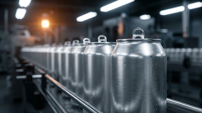 Seamless row of shiny aluminum cans traveling along an automated steel conveyor line inside a large industrial soft drink production factory room.