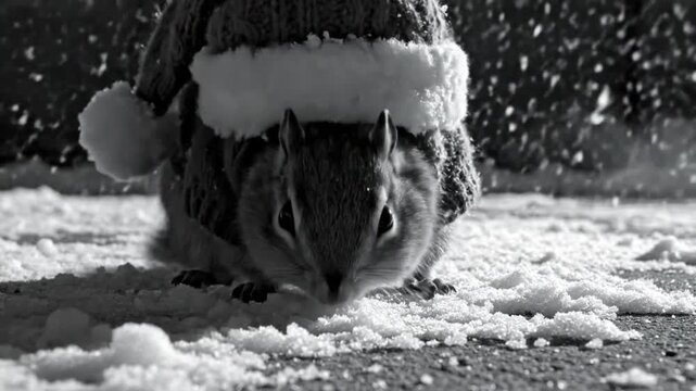 Chipmunk in Santa outfit bundled in snow looking at the camera during snowfall in black and white
