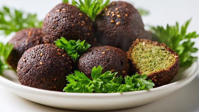 Freshly cooked falafel balls on a white plate with parsley