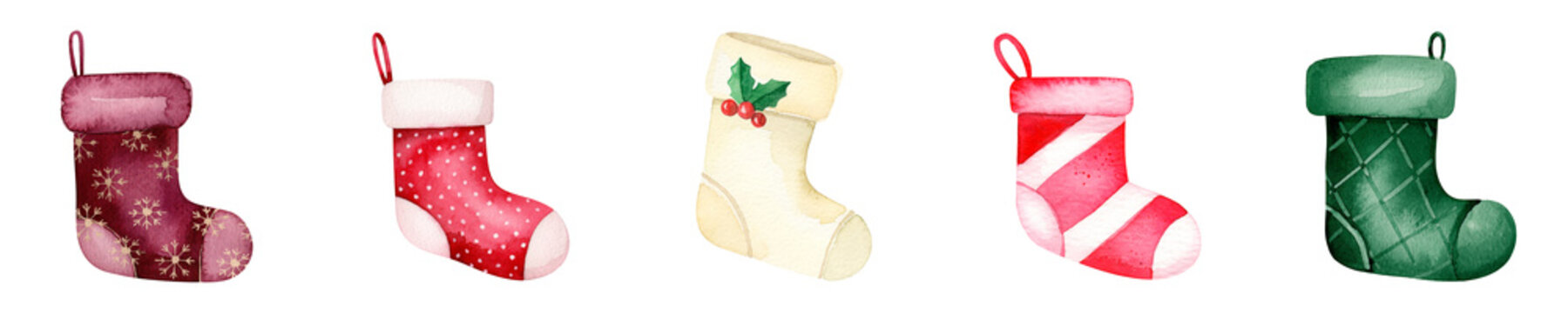 Watercolor Christmas stockings in classic festive patterns