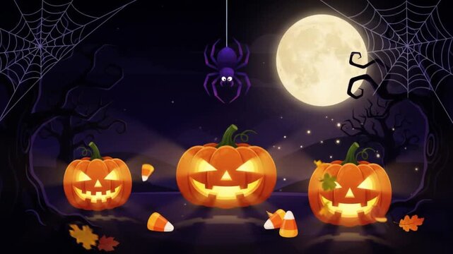 Animated halloween background with glowing jack o lanterns and flying ghosts under a full moon with spooky halloween landscape carved pumpkins flying