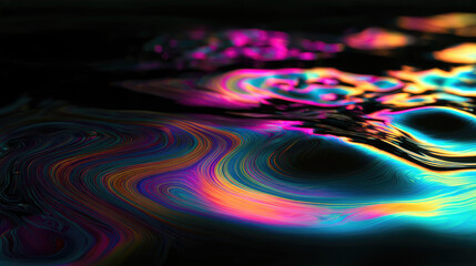 Obraz premium Oil sheen on dark rippling water creates vibrant iridescent magenta and cyan patterns with natural reflection and fluid motion in cinematic close view