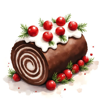 Chocolate yule log cake with berry garnish and cream frosting on white