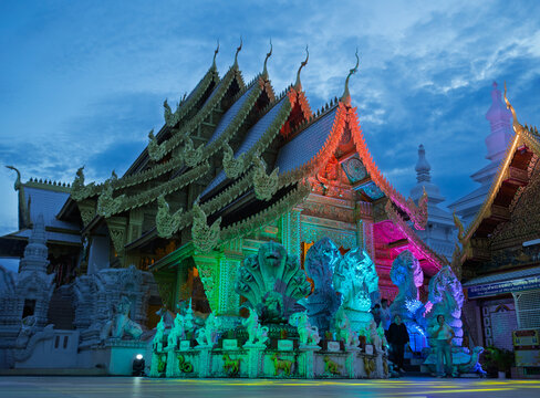 Beautiful evening lights at Wat San Pa Yang Luang in Lamphun city, Lamphun Province, Northern Thailand (Thailand, Lamphun, September 28, 2026)