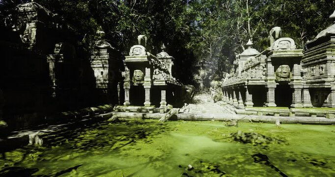 Mosscovered temple courtyard with reflective pond and sunlit ruins, weathered stone pillars, intricate bas relief carvings, dense jungle canopy, soft shafts