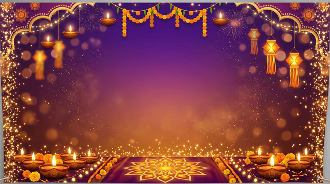 Diwali Festival Background with Glowing Diyas and Marigold Garlands
