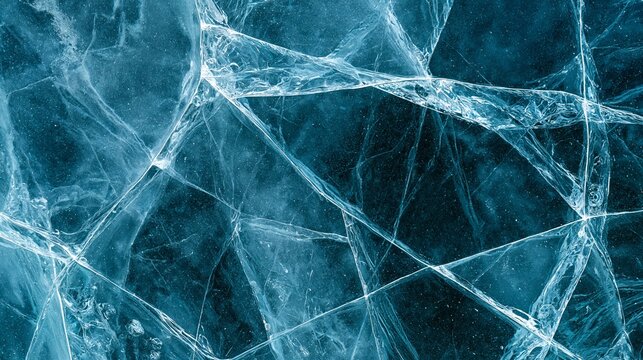 Frozen lake surface featuring intricate blue ice cracks. Frozen ice surface showing detailed cracks and patterns in cool blue tones
