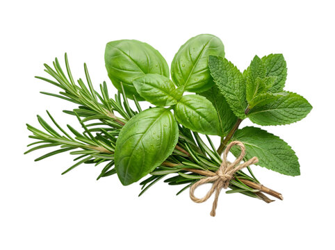 Fresh basil rosemary and mint herb bunch tied with twine isolated on transparent background