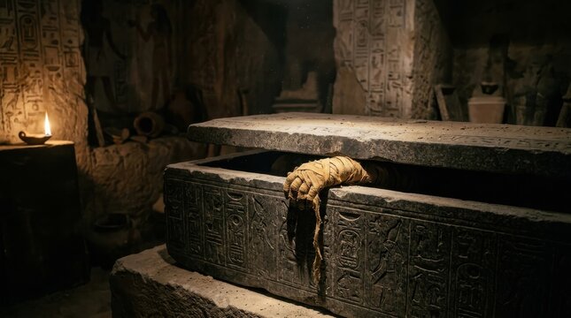 Ancient Egyptian stone sarcophagus with mummy hand reaching out in tomb
