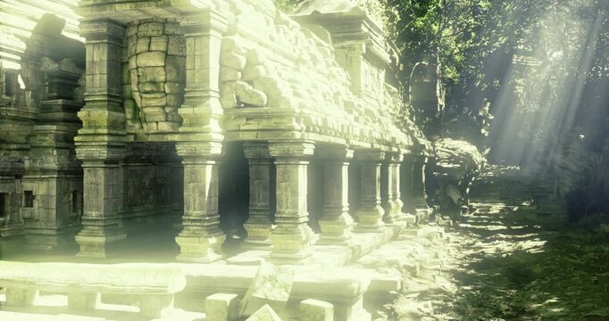 Restoring historic pillars, Preservation experts meticulously restoring carved stone columns at ancient temple with proper tools and techniques