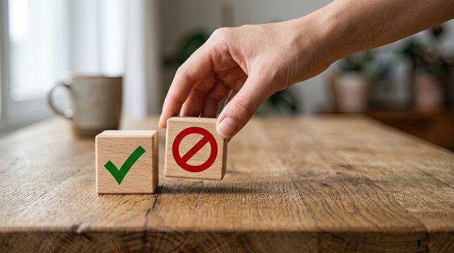 Wooden cubes with check mark and prohibited sign showing correct and incorrect choice