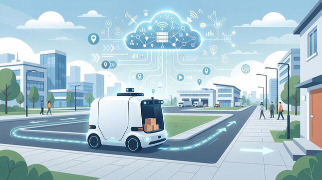 Autonomous delivery vehicle operating on smart city streets with cloud computing integration.