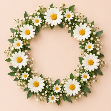White Daisy and Baby Breath Flower Wreath Frame, Generative AI