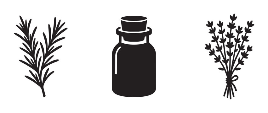 Herbal Essence Icons: Rosemary Sprig, Essential Oil Bottle, Lavender Bunch, Botanical Vector Graphics for Aromatherapy and Natural Wellness