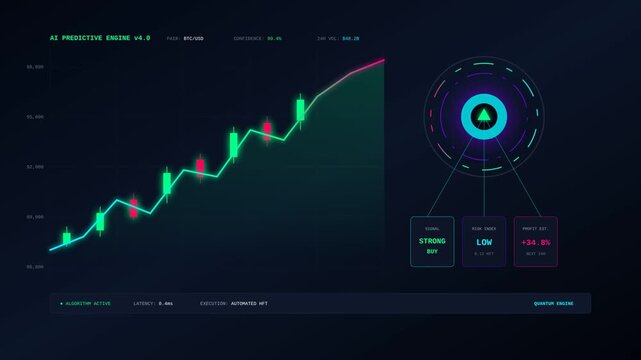 AI predictive trading engine dashboard displaying BTC-USD cryptocurrency candlestick chart, automated HFT execution data, strong buy signal, low risk index, and profit estimation.