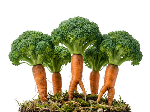 Funny carrots with broccoli heads standing on moss isolated on transparent background