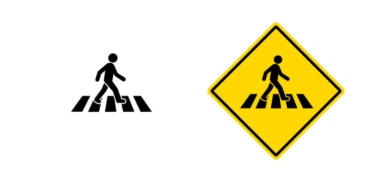 Pedestrian crossing icon set with zebra crossing and crosswalk symbols. Pedestrian safety signs for road safety, traffic safety and street crossing