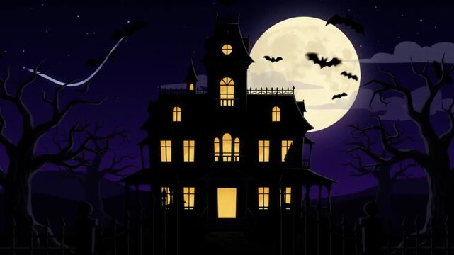 Haunted house silhouette with a ghost and full moon in a spooky night landscape panoramic background illustration for halloween season celebration